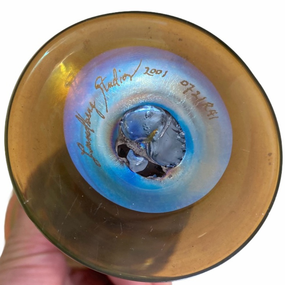 🚫SOLD🚫 Lundberg Studios • 9” Footed Rainbow Trumpet Vase Signed - Picture 5 of 7